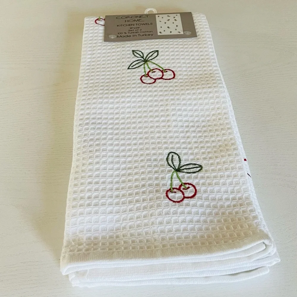 Coronet Home, White, Cherry Red Embroidered Kitchen Towels, Sz 18x28